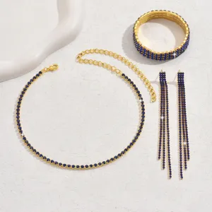 Gold-tone blue rhinestone jewelry set necklace bracelet tassel earrings stylish main