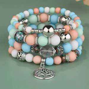 Boho Set di Bracciali di Perle Multistrato per Donne Ciondolo Albero della Vita Perla Artificiale Lega Gioielli di Moda