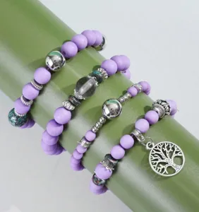 Set di bracciali di perline viola multistrato bohémien con ciondolo albero della vita donna