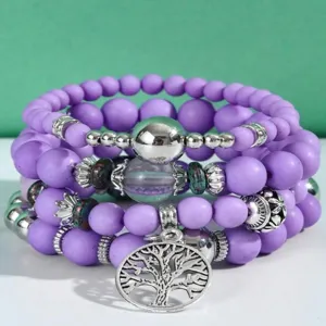 Set di bracciali di perline viola bohémien per donne, gioielli multiuso con ciondolo ad albero chic.