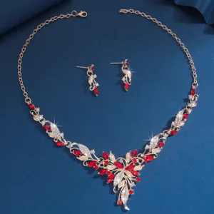 Conjunto de joyas florales de diamantes de imitación rojos collar pendientes de fiesta