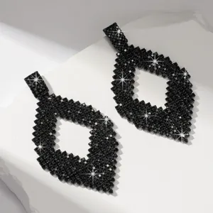 Orecchini pendenti lunghi in strass nero da donna, gioielli geometrici di cristallo.