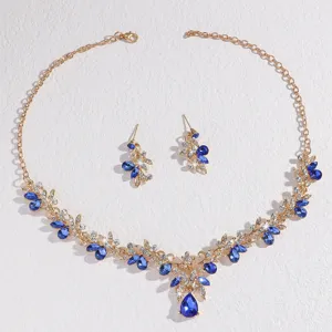 Braut Halskette und Ohrringe Set mit blauen Kristallen Strass, elegante Hochzeits Schmuck.