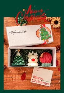 Coffret de bougies parfumées de Noël faites main en forme de sapin, renne et moufle