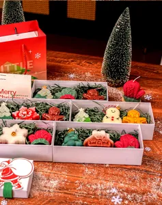 Vue détaillée de diverses bougies parfumées de Noël faites à la main en boîtes cadeaux