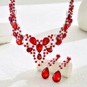 Superbe ensemble de collier et boucles d'oreilles en cristal strass rouge pour mariee