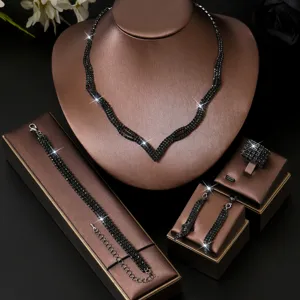 Braut schwarzer Strass Schmuck Set Halskette Ohrringe Armband Ring für Abendkleid