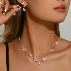Detailansicht des modischen silberfarbenen Halsketten- und Ohrring-Sets mit rosa Strass.