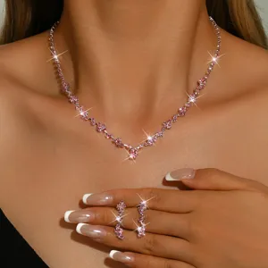 Atemberaubende pinke Strass Halskette Ohrringe Set für Damen funkelnder Kristallschmuck.