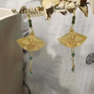 Chinese style golden fan earrings with green beads, elegant long tassel dangling ear jewelry.