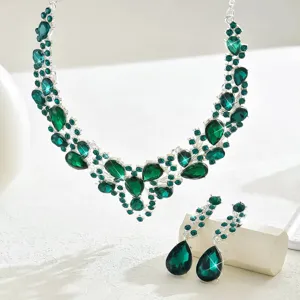 Parure de collier et boucles d'oreilles en cristal strass vert pour femme mariage fête