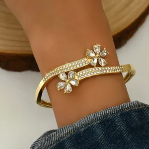 Gold-tone double flower rhinestone bangle bracelet elegant women jewelry gift accessory