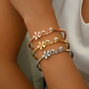 Elegant triple metal bangles set with floral charms and love script for women jewelry