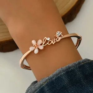 Rose gold bangle bracelet with flower charm crystal love letter and butterfly for women daily wear