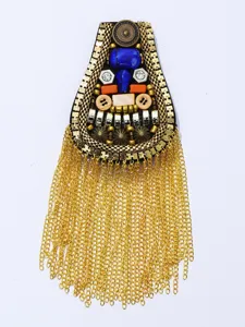 Vintage metalen franje schouderstuk gedetailleerd overzicht, retro schouderbroche voor pak.