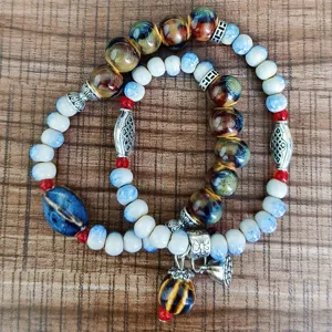Chinese style ceramic beaded bracelet retro lotus pendant ethnic jewelry product detail view