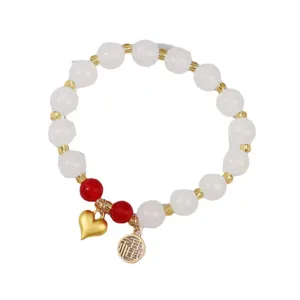 Nuovo braccialetto di perle di giada bianca stile cinese con cuore d'oro e ciondolo Fu retrò