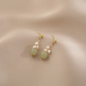 New Chinese style pearl jade drop earrings vintage gold metal elegant ear jewelry for women