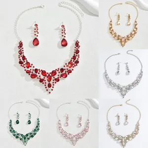 Luxe Mariée Strass Cristal Collier Boucles d'Oreilles Ensemble Alliage Goutte Pendentif Parure Bijoux Pour Femmes Mariage Fête Bal Accessoires