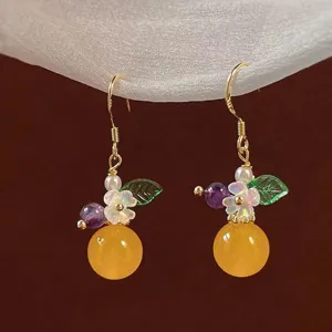 Chinese style orange flower dangle earrings, vintage gold plated ethnic ear hooks for women.