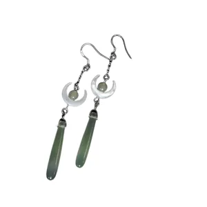 New Chinese style crescent moon green jade drop earrings for women elegant tassel jewelry