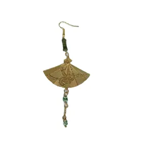 New Chinese style folding fan dangle earrings with vintage dragon engraving and green jade beads.