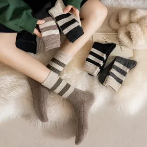 Vintage striped mid-calf cotton socks for women, comfortable and breathable everyday wear.