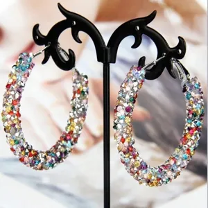 Grandes boucles d'oreilles créoles brillantes en strass multicolores pour les femmes