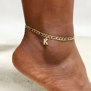 Cavigliera Minimalista Placcata in Oro con Maglia Cubana per Donna Con Ciondolo a Lettera Inglese in Strass Regolabile Gioiello da Piede per Vacanze