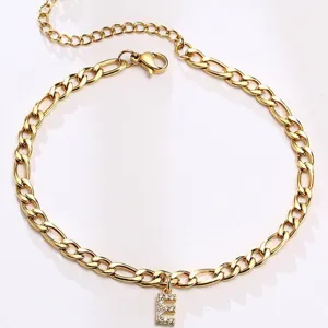Catena da piede dorata ciondolo lettera E stile hip hop gioielli caviglia strass