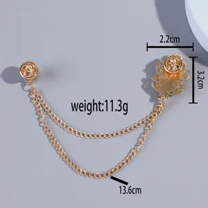 Gedetailleerd overzicht van de gouden legering dubbele ketting broche, structuur en maten.
