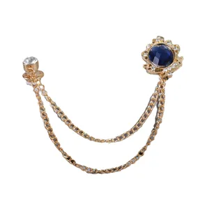 Elegante dubbele ketting broche speld met donkerblauwe saffier strass kristal.