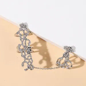 Femme alliage strass connecté double bague de doigt, mode gothique chaîne bague ouverte.