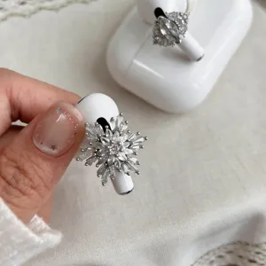 Close-up detail of sparkling rhinestone crystal earphone decorative ring charms for AirPods.