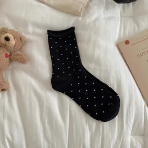 Black polka dot mid-tube socks for women, cute Korean style rolled edge casual cotton socks.