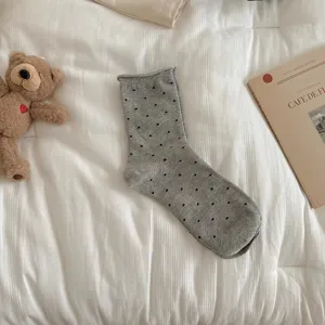 Women grey polka dot mid tube socks cute Korean style fashion casual rolled cuff hosiery