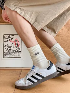 Chaussettes mi-hautes homme en coton brodé de lettres, chaussettes côtelées confortables.