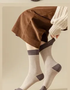 Women vintage ribbed mid-calf socks colorblock cotton casual cozy autumn winter hosiery