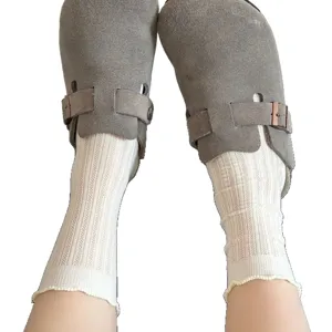 Women breathable mesh mid-tube socks with ruffles, comfortable cotton casual hosiery.