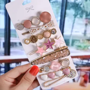 Korean style hair clip set with pearls and cute stars, sweet side pin fashion hair accessories.
