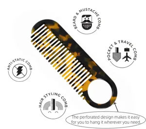 Tortoiseshell acetate pocket comb detail, anti-static hair styling beard grooming tool.