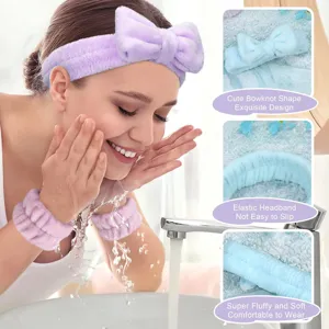 Pluche strik hoofdband en absorberende polsbanden set voor gezichtsreiniging en spa.
