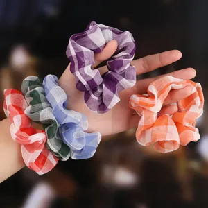 Lot chouchous carreaux organza style coréen, attaches cheveux tissu coloré femmes filles.