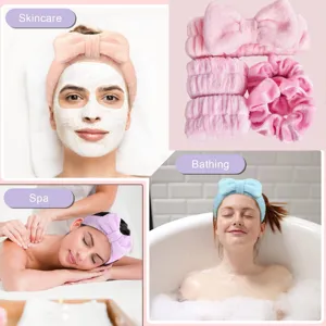 Pluche strik hoofdband en polsbandjes set voor dagelijkse huidverzorging, spa en make-up routines.