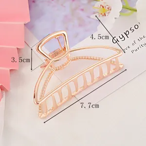 Metal hair claw clip detail, large size rose gold hollow hair catch for stylish styling.