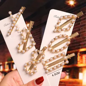 Korean style pearl hair clip set, elegant geometric alloy hair barrette for women and girls.