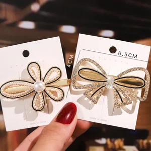 Korean style pearl rhinestone hair clip cute bow design sweet girl fringe side hair pin