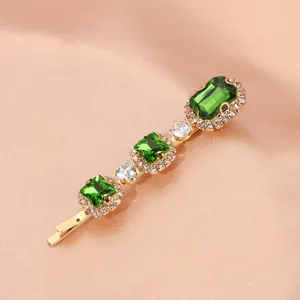Retro green zircon hairpin with sparkling rhinestones, elegant gold metal side clip for women.