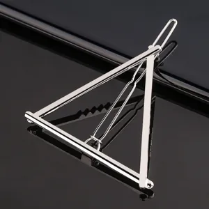 Silver geometric triangle hair clip detail shot, elegant metal alloy bobby pin for women.
