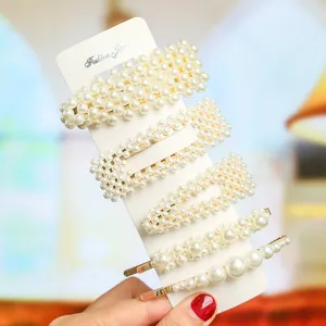 Elegant pearl hair clips set featuring five different chic hairpin designs for women and girls daily wear.